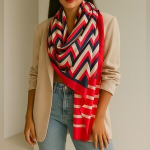 Vintage 70s Norell Oversized Silk Scarf Pink White Navy Chevron Wrap Rectangle